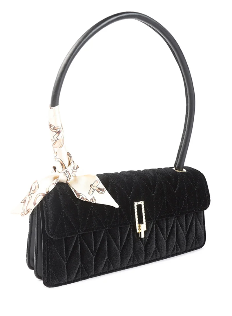 London Rag Black Quilted Velvet Baguette