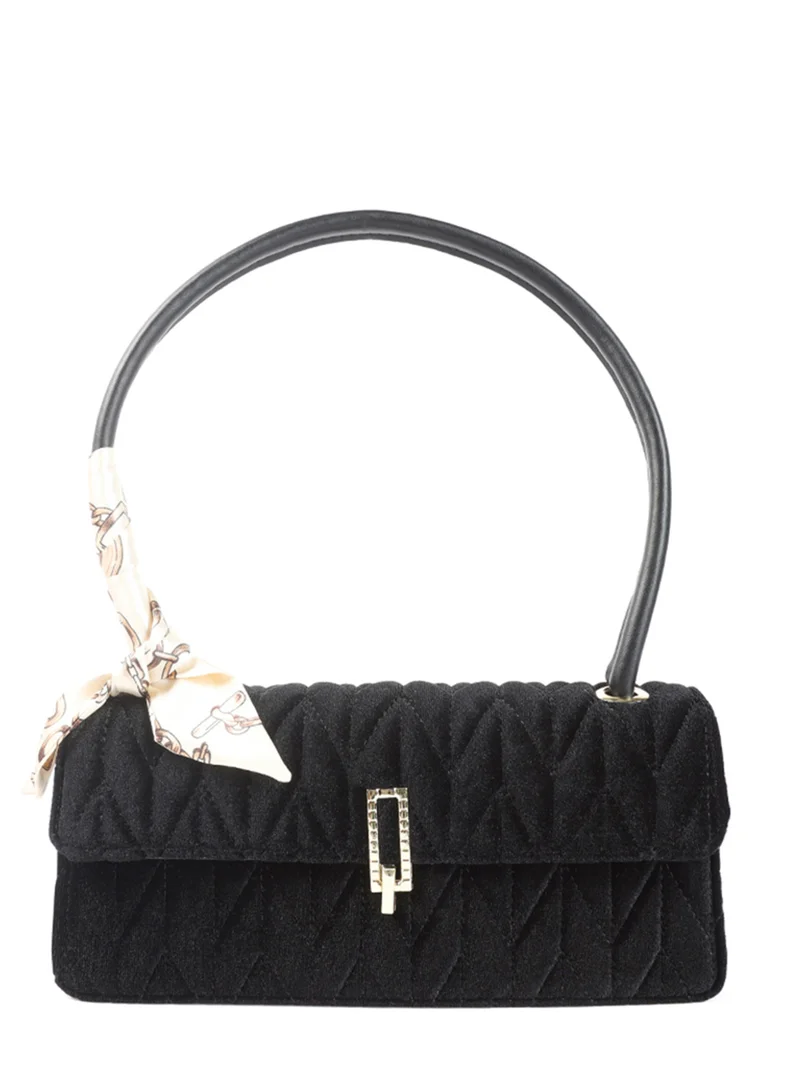 London Rag Black Quilted Velvet Baguette