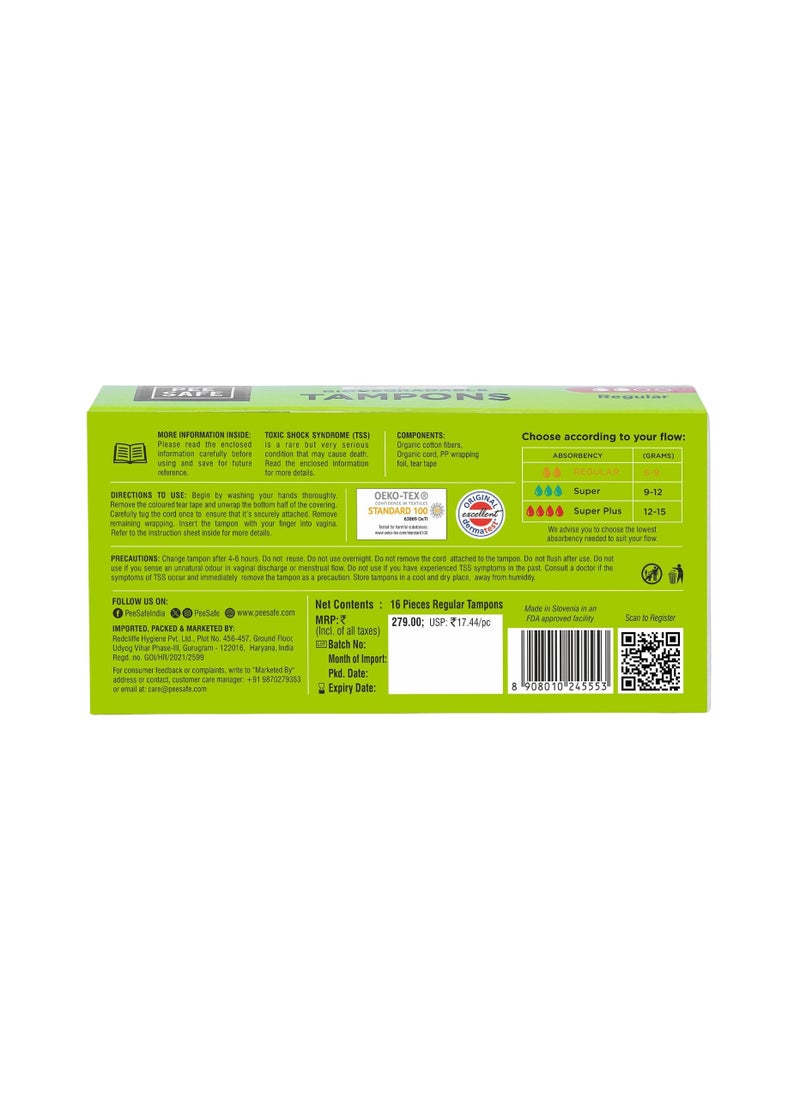 PEESAFE Organic Cotton Tampons - Light to Medium Flow Regular Size 16 Pcs  - Image 2