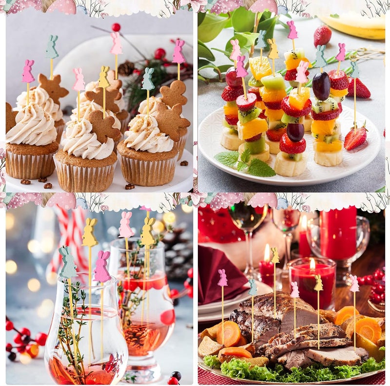 عبوة تحتوي على 100 عود للكوكتيلات بموضوع عيد الفصح، بالإضافة إلى عيدان أسنان بشكل أرنب للمقبلات، وألواح خشبية من الخيزران الطبيعي بطول 4.7 بوصة لتقديم الأطعمة المشوية، وأدوات لتحريك المشروبات، وزينة رائعة للحفلات. - Image 5
