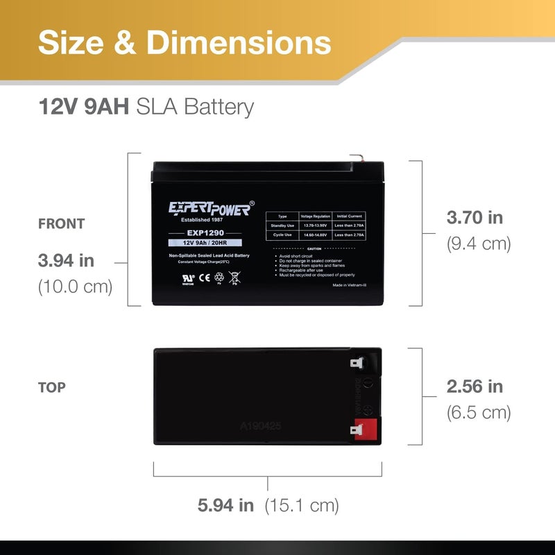 ExpertPower EXP1290-12V 9AH SLA AGM Rechargeable 12V Battery for Ride on Toys, APC Backup UPS Battery Replacement, 12 Volt Batteries for Alarm, Replaces UB1290 CP1290 40748, F2 Terminals - Image 2