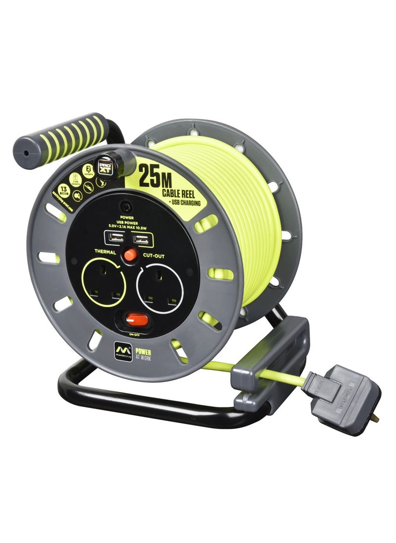 ماستربلاج - Masterplug OMU25132USL Pro-XT أربعة مقبس 25 متر بكرة كابل مفتوحة تمديد الرصاص مع مقبض لف ومنفذي شحن USB - Image 1