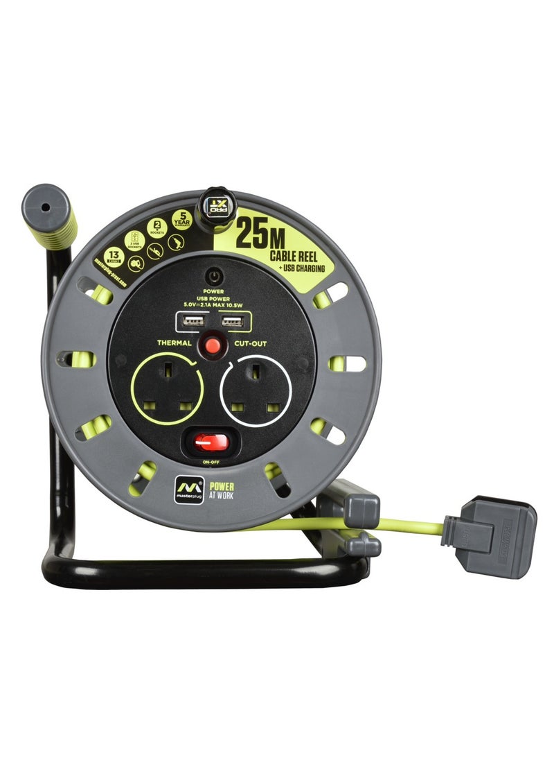 ماستربلاج - Masterplug OMU25132USL Pro-XT أربعة مقبس 25 متر بكرة كابل مفتوحة تمديد الرصاص مع مقبض لف ومنفذي شحن USB - Image 1