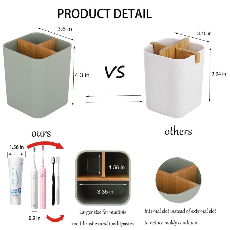 Heagoale Bamboo Toothbrush Holder for Bathrooms, 3 Slots Kids Toothbrush and Toothpaste Holder Bathroom Countertop Organizer for Electric Toothbrushes, Floss, Razors - Green - Image 4