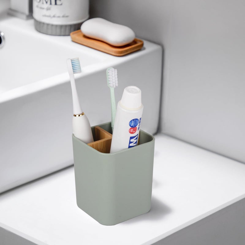 Heagoale Bamboo Toothbrush Holder for Bathrooms, 3 Slots Kids Toothbrush and Toothpaste Holder Bathroom Countertop Organizer for Electric Toothbrushes, Floss, Razors - Green - Image 2