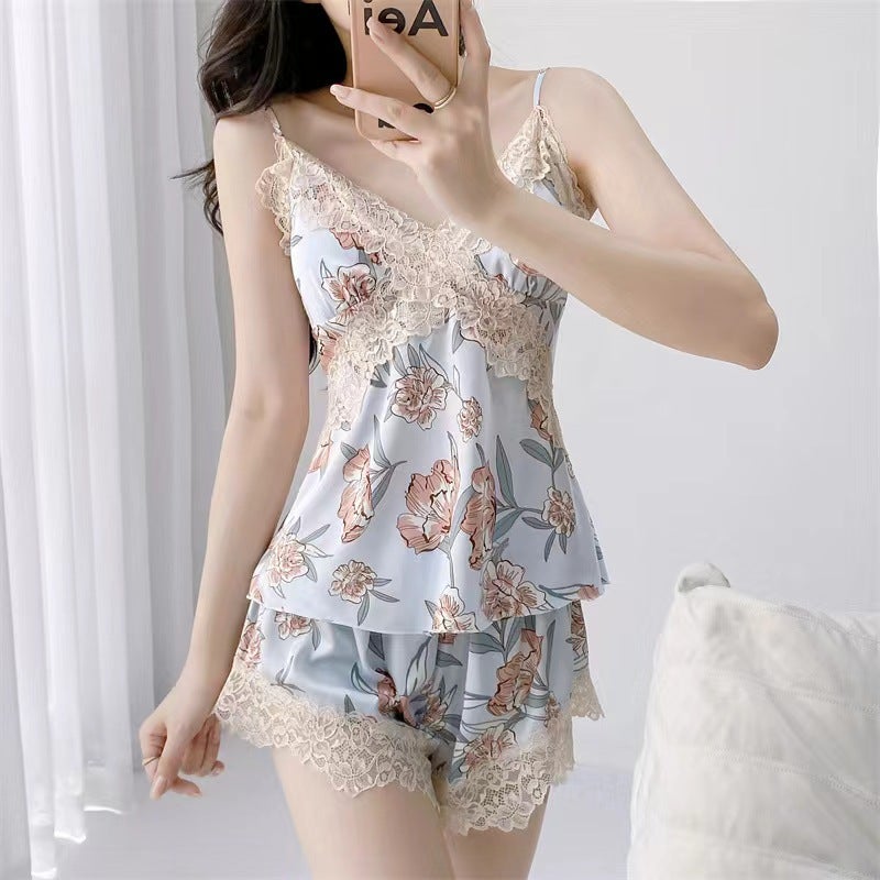 Ice Silk Sexy Women's Pajama Set with Camisole and Shorts - Image 3