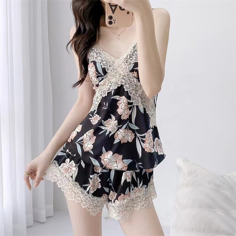 Ice Silk Sexy Women's Pajama Set with Camisole and Shorts - Image 4