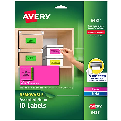Avery Multipurpose Labels, Removable, Assorted Neon, 2 x 4 Inches, Pack of 120 (6481) - Image 1