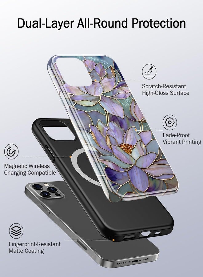 جراب Goodon لهاتف iPhone 12 Pro/جراب iPhone 12 بتصميم أنيق - متوافق مع الشحن اللاسلكي - غلاف صلب مزدوج الطبقات + غطاء سيليكون - جراب حماية للهاتف، تصميمات عصرية للنساء - زهرة اللوتس المجردة - Image 2