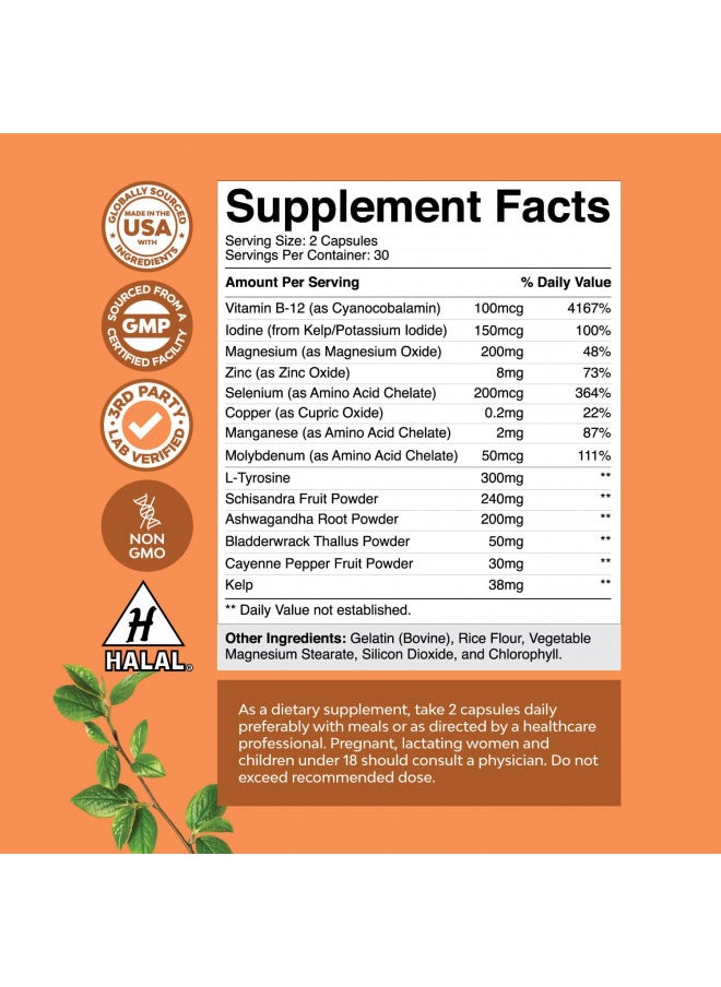 Natures Craft Herbal Thyroid Support Complex - Iodine Thyroid Supplement with L Tyrosine Bladderwrack Kelp Selenium and Ashwagandha - Mood Enhancer Energy Supplement for Thyroid Health - 60 Halal Capsules  - Image 3