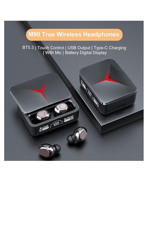 أتش أتش سماعات رأس M90 True Weless BT 5.3 رياضية، تحكم باللمس، سماعات موسيقى داخل الأذن، سماعات أذن صغيرة مع ميكروفون، علبة شحن، شاشة رقمية، مخرج USB - Image 2