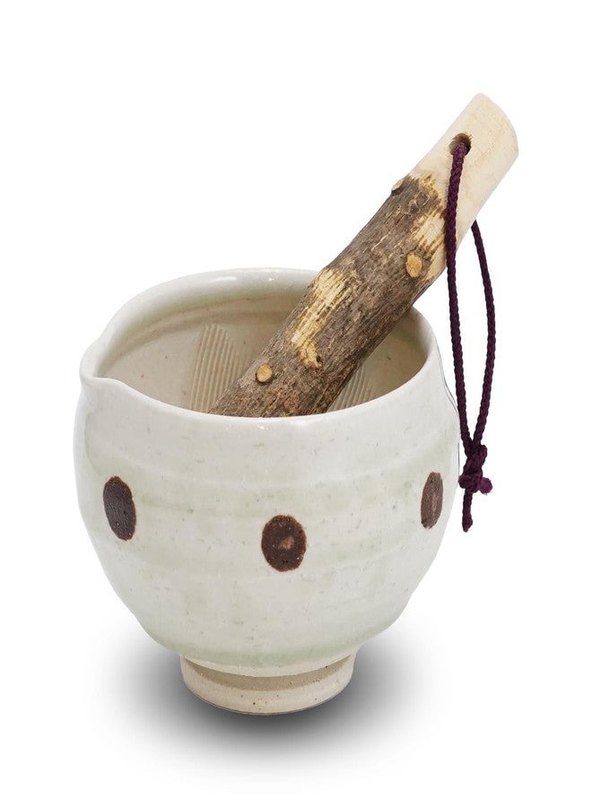 COTONOHA Traditional Japanese Mini Sesame Seed Grinder with Pestle - Mino Takada-yaki Ceramic - Deep Amber - Ideal for Dressings and Sauces (Candy Polka Dot White) - Image 1