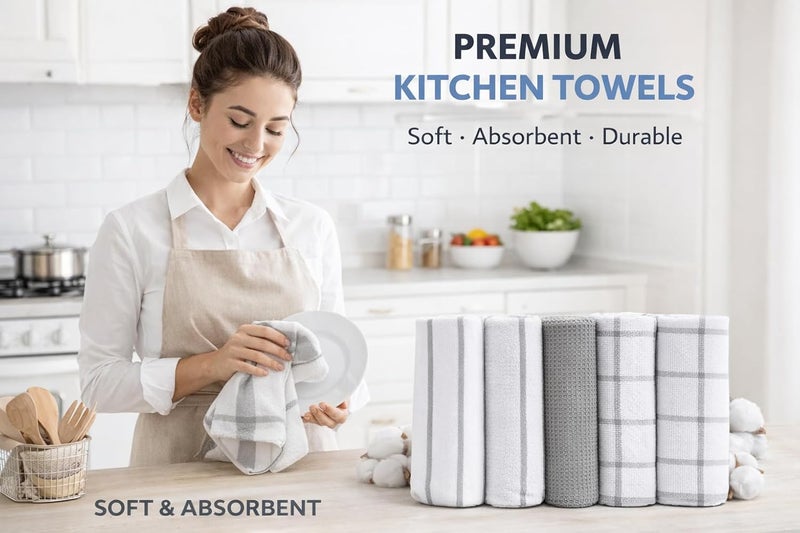 Bare Home مناديل مطبخ بار هوم الفاخرة - عبوة من 6، 100% قطن تيري، 40 سم × 70 سم (425 غم) مناديل شاي ماصة للتجفيف والتنظيف - ناعمة ومتينة (رمادي وأبيض) - Image 2