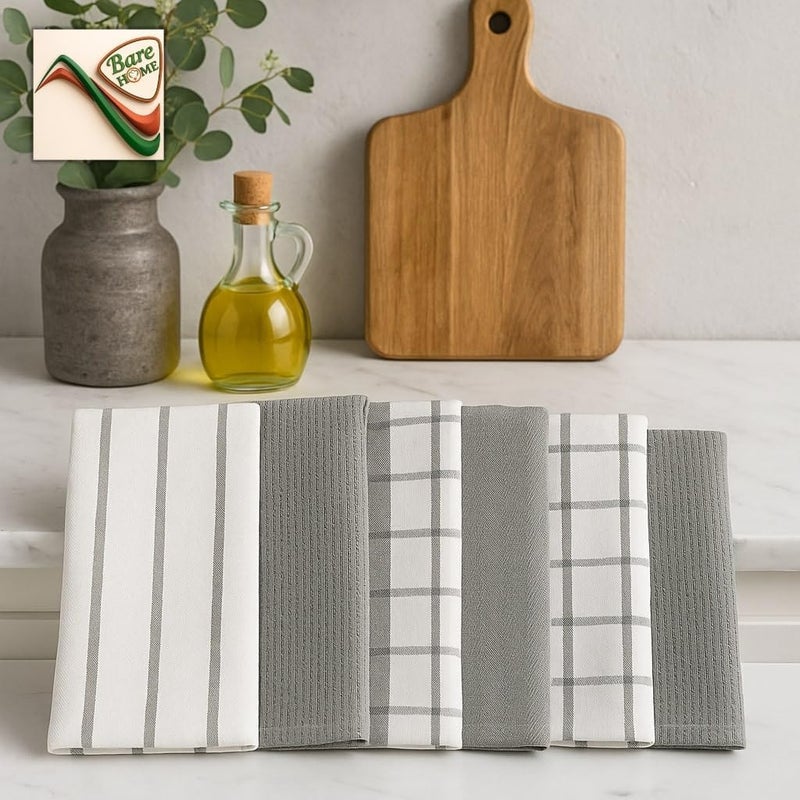 Bare Home مناديل مطبخ بار هوم الفاخرة - عبوة من 6، 100% قطن تيري، 40 سم × 70 سم (425 غم) مناديل شاي ماصة للتجفيف والتنظيف - ناعمة ومتينة (رمادي وأبيض) - Image 4