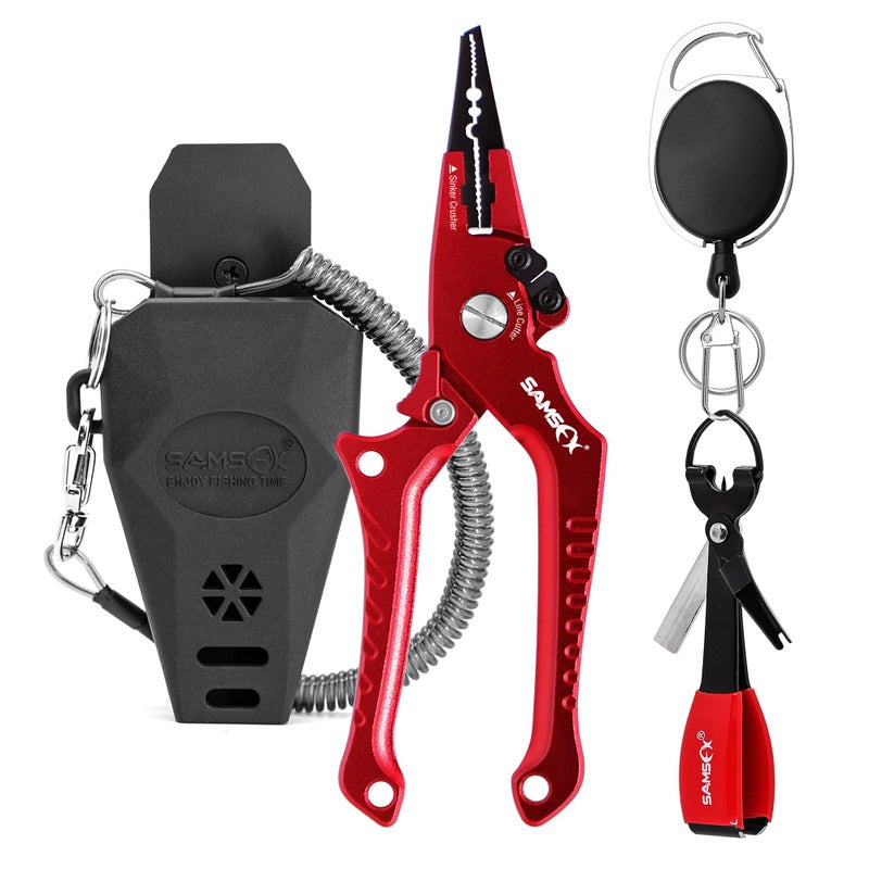 SAMSFX Aluminum Fishing Pliers Hook Remover Braid Line Cutter with Coiled Lanyard, Fly Fishing Knot Tying Tool & Retractors (Red Handle, Split Ring Nose) - Image 1