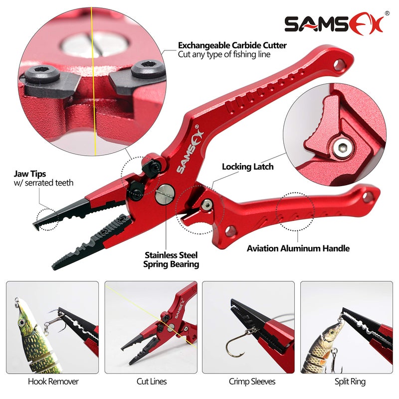 SAMSFX Aluminum Fishing Pliers Hook Remover Braid Line Cutter with Coiled Lanyard, Fly Fishing Knot Tying Tool & Retractors (Red Handle, Split Ring Nose) - Image 2