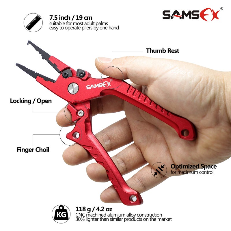 SAMSFX Aluminum Fishing Pliers Hook Remover Braid Line Cutter with Coiled Lanyard, Fly Fishing Knot Tying Tool & Retractors (Red Handle, Split Ring Nose) - Image 3