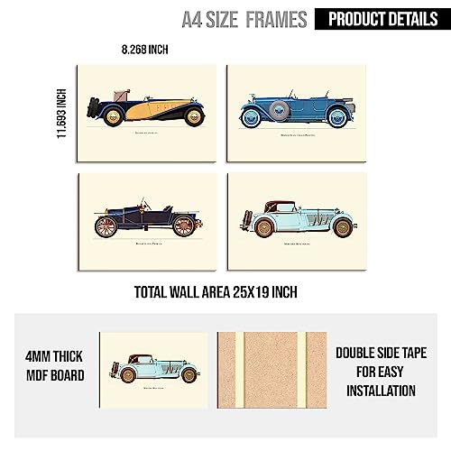 PAPER PLANE DESIGN Vintage Car Wall Decor Framed Posters Set of 4, A4 Size (Vintage Car) Multicolor - Image 5