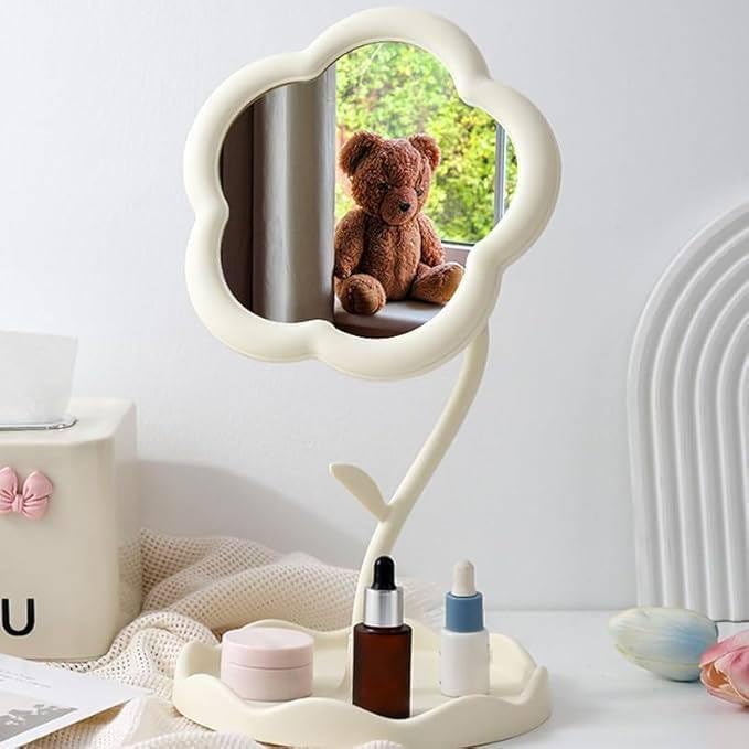 ShipFayda Flower Shape Makeup Mirror with Tray for Desktop Bedroom Bathroom Living Room MakeUp and Vanity Mirror for Girls Cute Detachable Compact Travel Mirror for Makeup 1 PcsMulticolor - Image 2