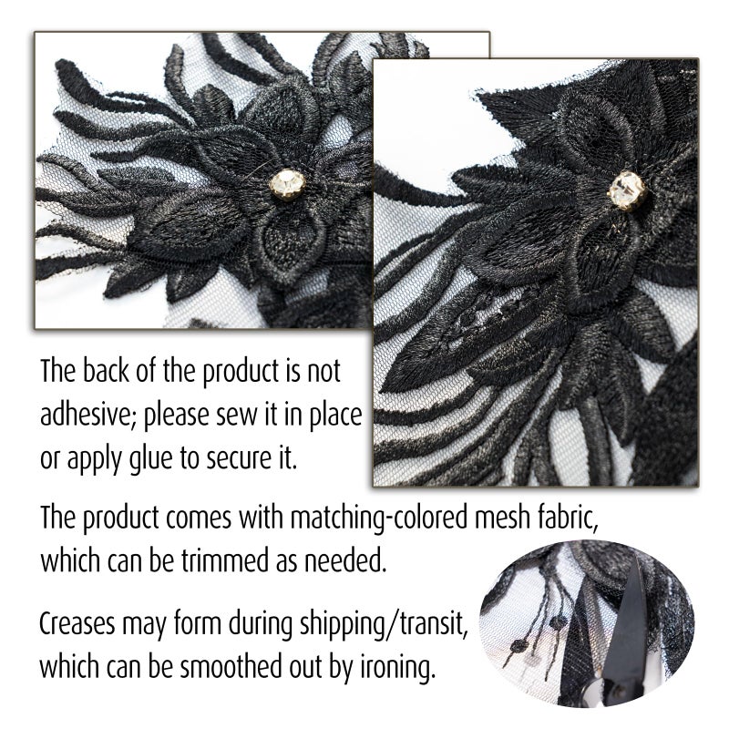 Silvora Phoenix Peacock Feather Tail Fabric Beaded Lace Applique,3D Embroidered Flower Fabric Patch for Bridal Dress, Handmade Sewing Tool for Wedding DIY Crafts(Black) - Image 4