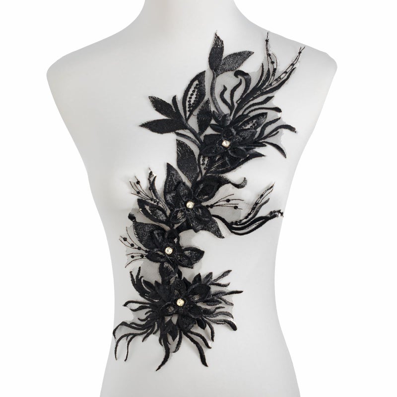 Silvora Phoenix Peacock Feather Tail Fabric Beaded Lace Applique,3D Embroidered Flower Fabric Patch for Bridal Dress, Handmade Sewing Tool for Wedding DIY Crafts(Black) - Image 1