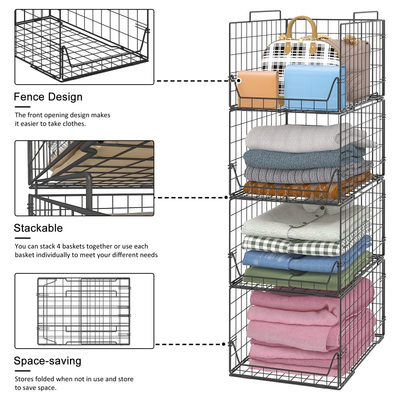 Jakyitvi Stackable Closet Organizers and Storage Bins 4 Pack, Sturdy Metal Clothes Storage Container for Clothes Pants Sweaters, Black Folded Drawer Shelf Organizer for Closet Wardrobe - Image 1