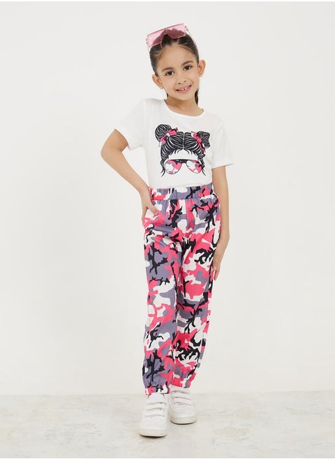 Graphic Print T-Shirt with Short Sleeves & Pants Set
