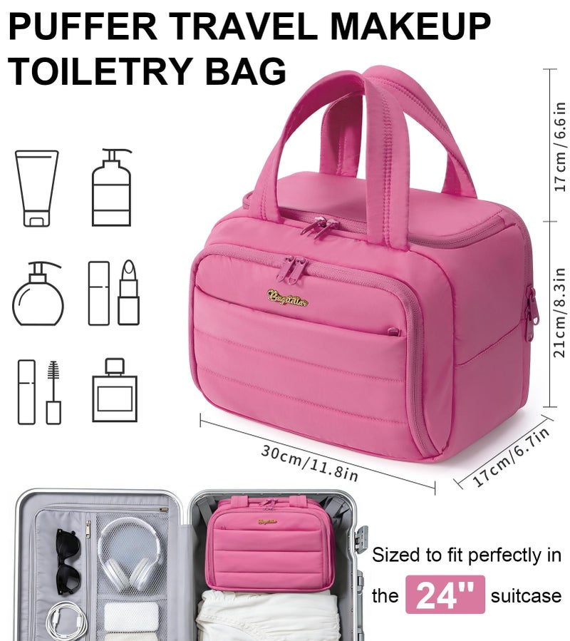 Bagstellar Travel Toiletry Bag for Women, Lightweight Large Quilted Puffy Makeup Bag Wide-open Make up Organizer Cloud Cosmetic Bag w/Handle for Traveling, Toiletries Essentials Accessories Rose Pink - Image 2