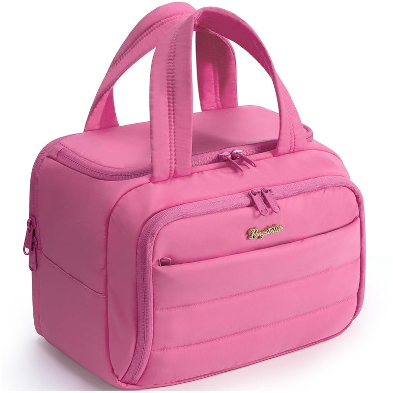 Bagstellar Travel Toiletry Bag for Women, Lightweight Large Quilted Puffy Makeup Bag Wide-open Make up Organizer Cloud Cosmetic Bag w/Handle for Traveling, Toiletries Essentials Accessories Rose Pink - Image 1