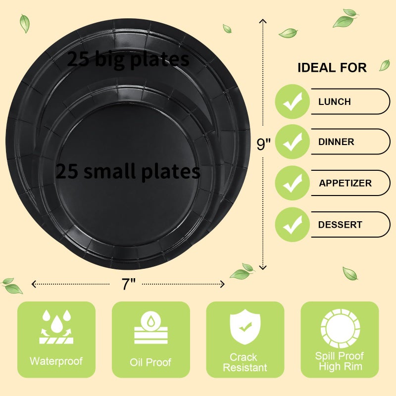LANLISA 50 Black Paper Plates Disposable Set Includes 25-9"" & 25-7"" Dessert Plates Disposable Birthday Cake Paper Plates For Party Supplies - Image 5