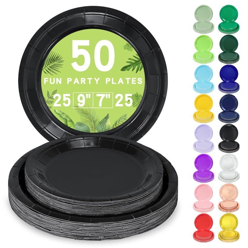 LANLISA 50 Black Paper Plates Disposable Set Includes 25-9"" & 25-7"" Dessert Plates Disposable Birthday Cake Paper Plates For Party Supplies - Image 1