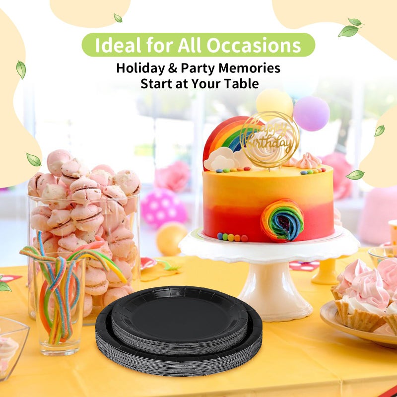 LANLISA 50 Black Paper Plates Disposable Set Includes 25-9"" & 25-7"" Dessert Plates Disposable Birthday Cake Paper Plates For Party Supplies - Image 2