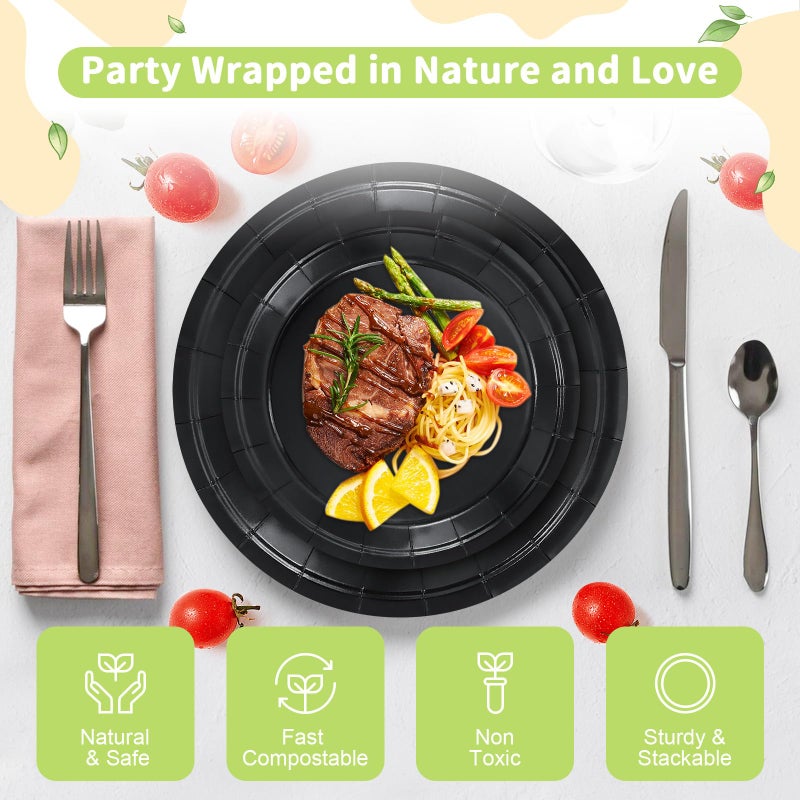 LANLISA 50 Black Paper Plates Disposable Set Includes 25-9"" & 25-7"" Dessert Plates Disposable Birthday Cake Paper Plates For Party Supplies - Image 3