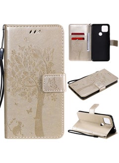 HuHa Case Cover For For Google Pixel 4a 5G / Pixel 5 XL Tree & Cat Embossed Pattern Horizontal Flip Leather Case with Holder & Card Slots & Wallet & Lanyard(Gold) 