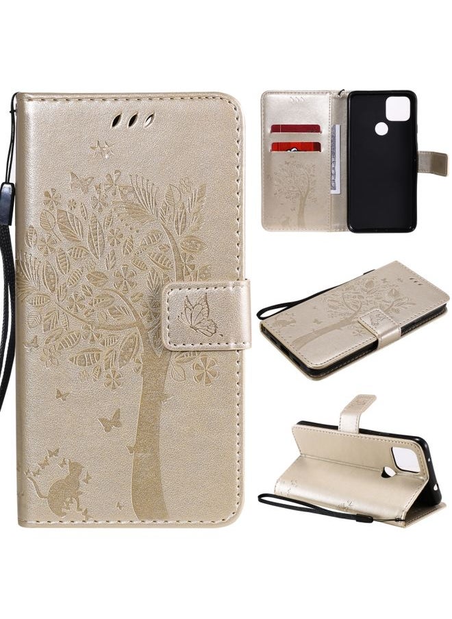 HuHa - Case Cover For For Google Pixel 4a 5G / Pixel 5 XL Tree & Cat Embossed Pattern Horizontal Flip Leather Case with Holder & Card Slots & Wallet & Lanyard(Gold) - Image 1