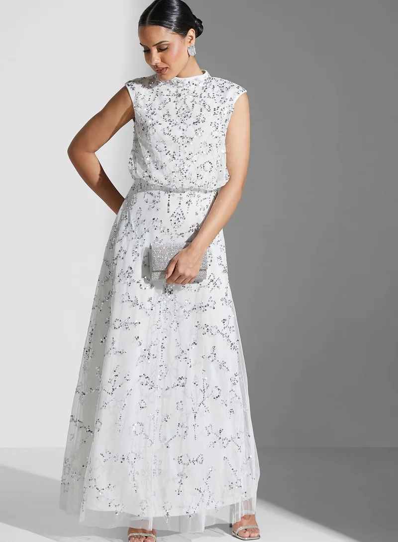 Amelia Rose High Neck Printed Cut Out Detail Dress