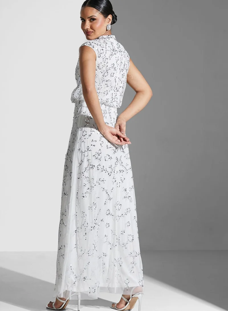 Amelia Rose High Neck Printed Cut Out Detail Dress