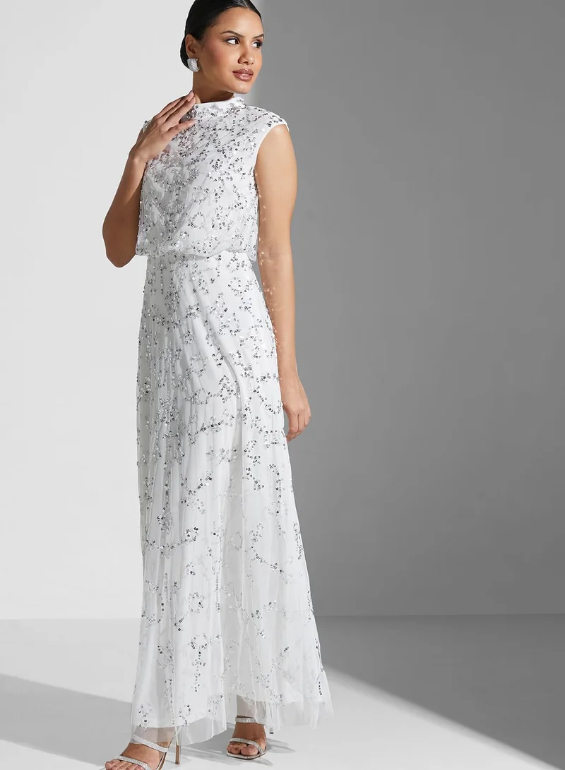Amelia Rose High Neck Printed Cut Out Detail Dress