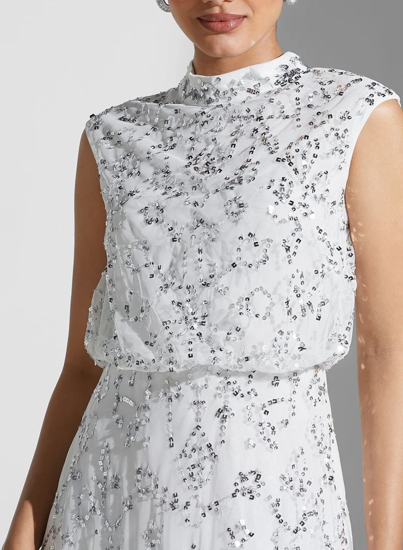 Amelia Rose High Neck Printed Cut Out Detail Dress