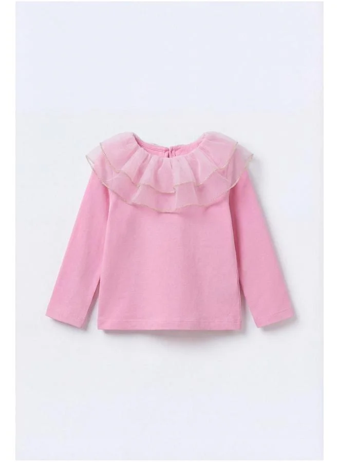 Magu Girls’ Pink Cotton Tulle Ruffle Collar Blouse - Gold Stripe Detail.