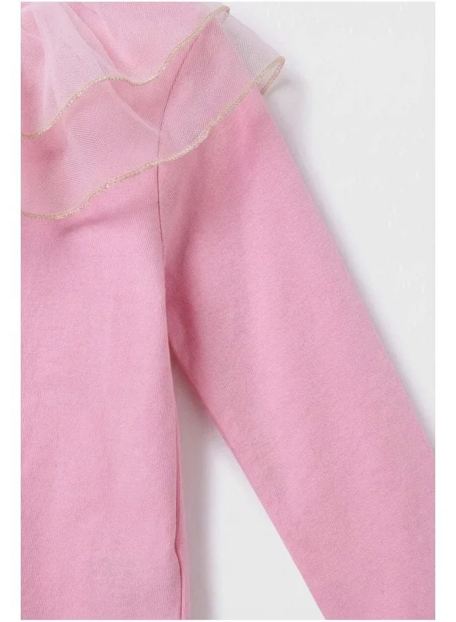 Magu Girls’ Pink Cotton Tulle Ruffle Collar Blouse - Gold Stripe Detail.