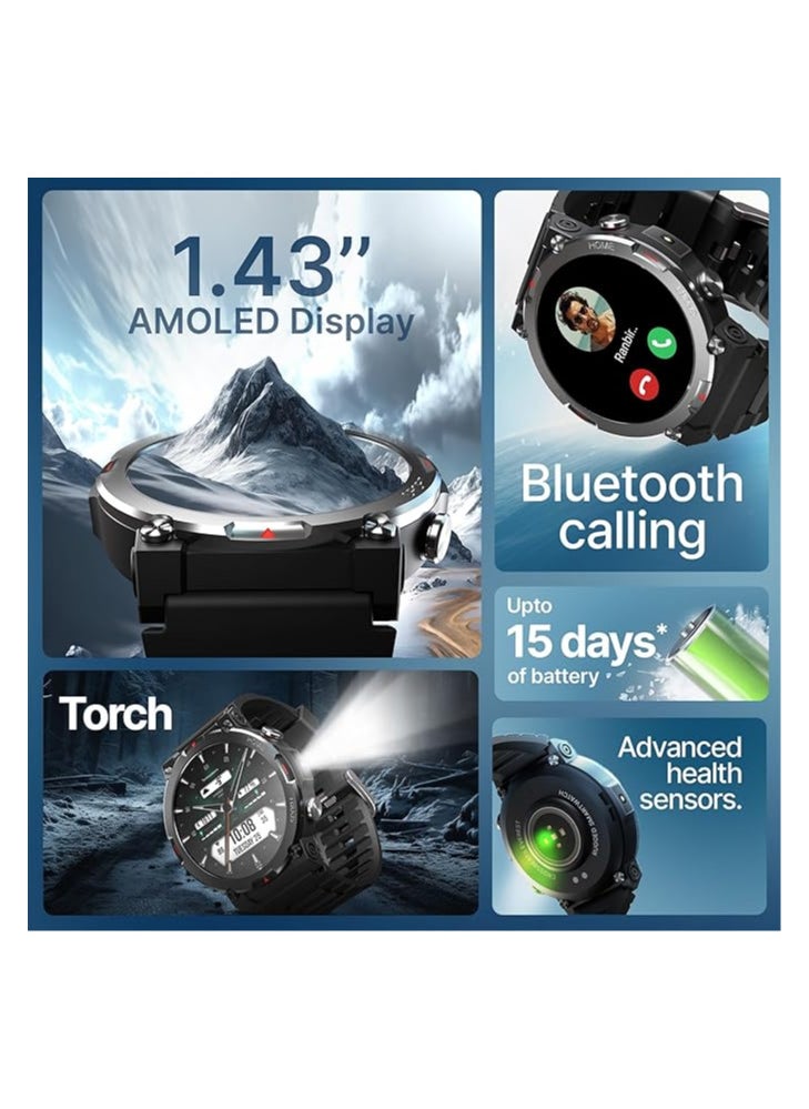 Crossbeats CrossBeats Everest 2.0 Smart Watch for Men 1.43" True AMOLED, Always ON Display Bluetooth Calling Rugged Outdoor with Flash Light Upto 15 Days Battery Life Smartwatch 100+ Sports Mode (Black)  - Image 2