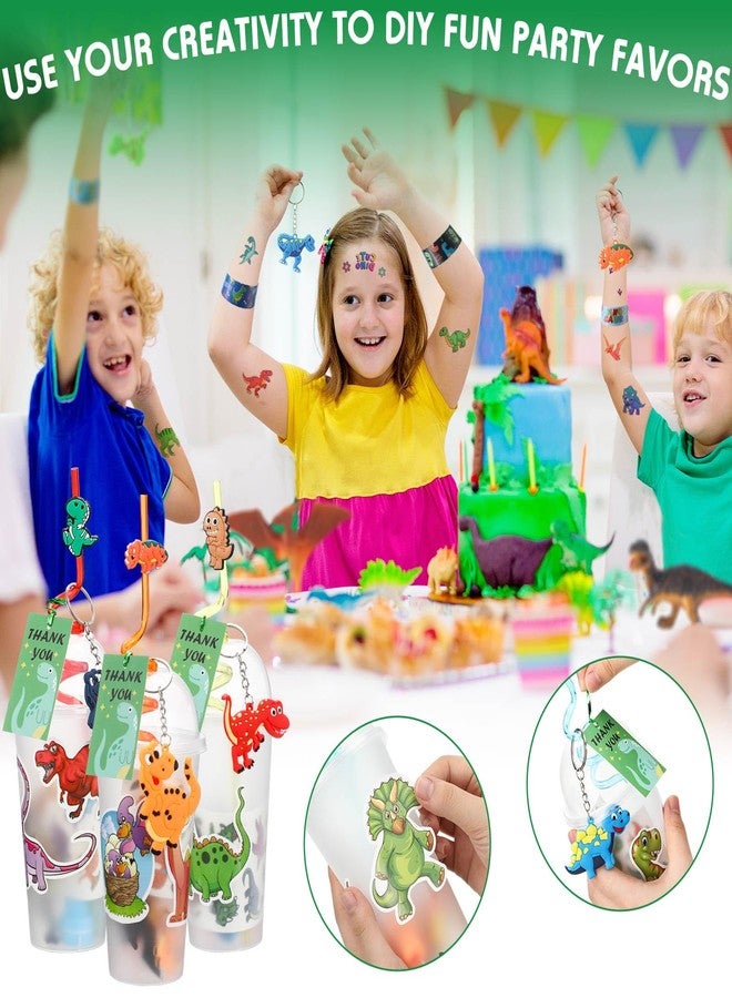 Qilery 267 Pcs Mermaid Party Unicorn Party Dinosaur Party Shark Party Favors Includes Plastic Cup with Lid Straw Keychain Bracelet Ring Stamper Stickers Tag For Party Favors Piñata Filling (Dinosaur) - Image 3