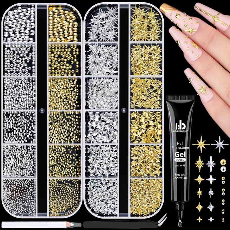 2640Pcs 3D Star Nail Charms, Gold & Silver Multi-Shapes Metallic Nail Art Gems and Mini Round Caviar Nail Beads, Nail Craft Decoration Accessories with Tweezers, Pick-up Pencil and 15ml Nail Glue