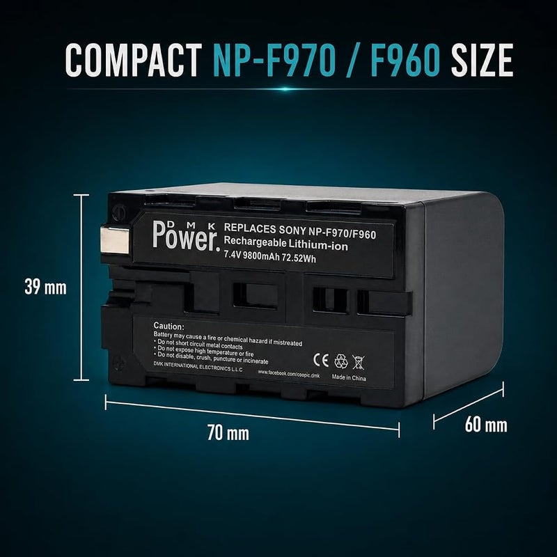 DMK Power NP-F970/F960 Rechargeable Li-Ion Battery, 9800mAh 7.4V 72.5Wh Replacement Battery for LED Video Lights & Monitors, Non-Camera Use Only, 4 Pack - Image 3
