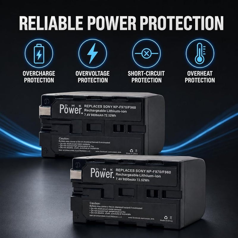 DMK Power NP-F970/F960 Rechargeable Li-Ion Battery, 9800mAh 7.4V 72.5Wh Replacement Battery for LED Video Lights & Monitors, Non-Camera Use Only, 4 Pack - Image 5