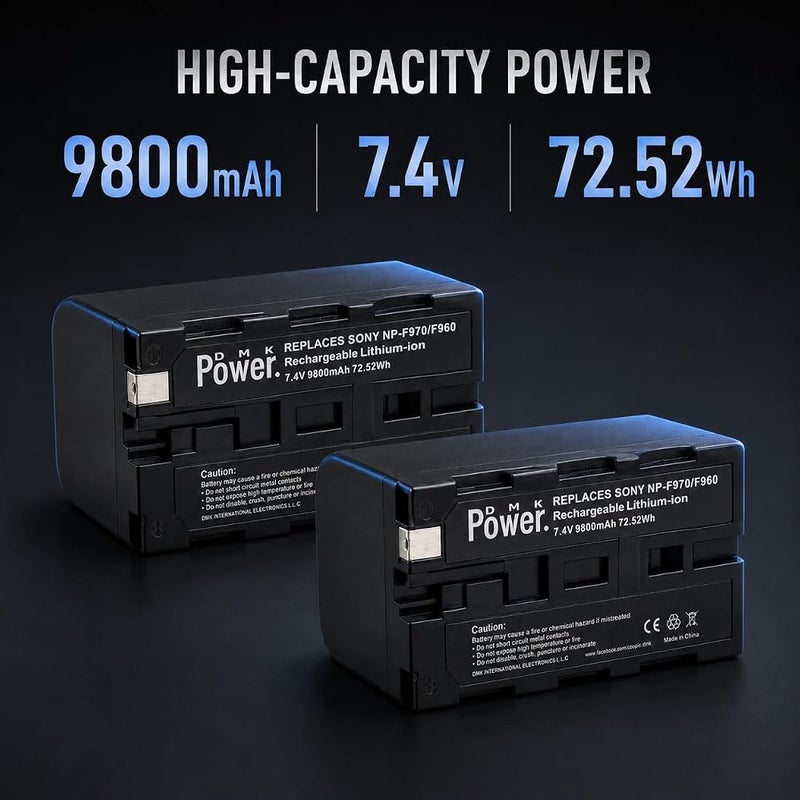 DMK Power NP-F970/F960 Rechargeable Li-Ion Battery, 9800mAh 7.4V 72.5Wh Replacement Battery for LED Video Lights & Monitors, Non-Camera Use Only, 4 Pack - Image 2
