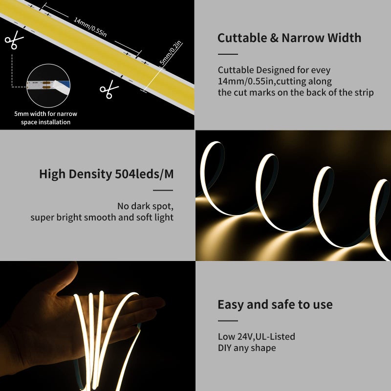 PAUTIX 5mm COB LED Strip Light 16.4ft/5m 2700K Warm White 504 LEDs/m,5000lm CRI90+ Super Bright DC24V Flexible LED Tape for Cabinet Home DIY Lighting Projects(Power Supply Not Included) - Image 4