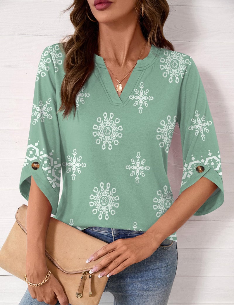 Kistore Boho Tops for Women 3/4 Length Sleeve Plus Size Blouses Cute Spring Seniors V Neck Tunics Green Floral XXL - Image 3