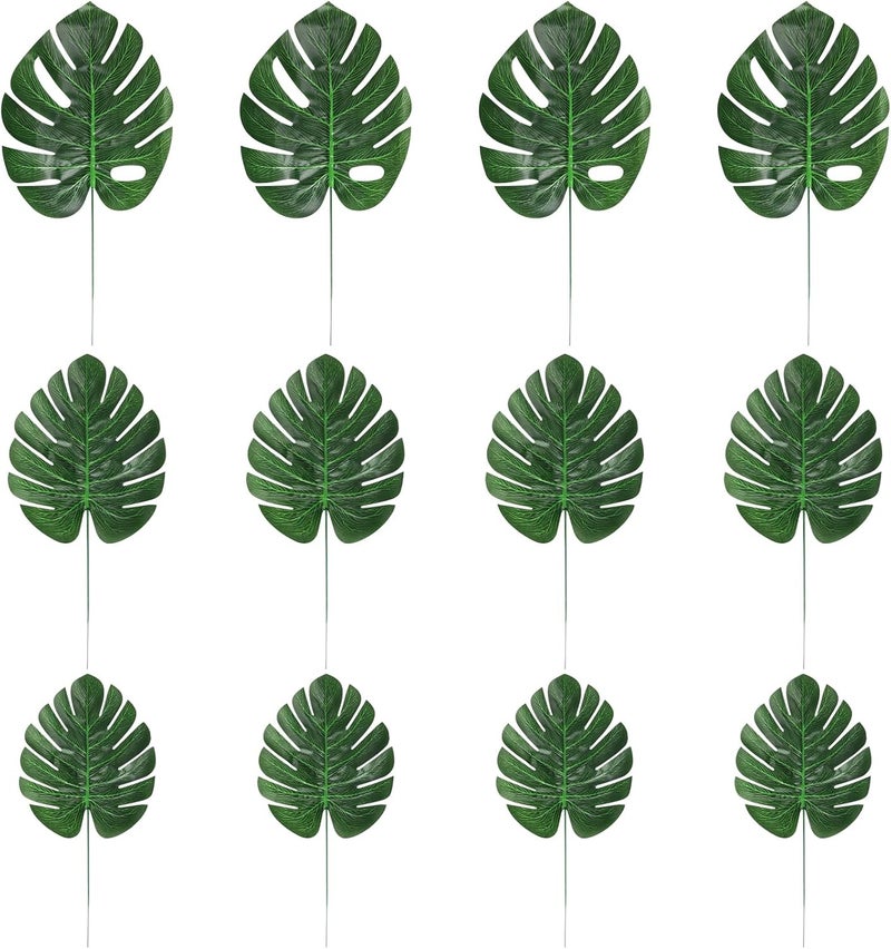 CCINEE 24PCS Green Artificial Palm Leaves, Faux Monstera Leaves Simulation Safari Leaves with Stems for Home Hawaiian Luau Party Jungle Beach Theme Party Decoration - Image 1
